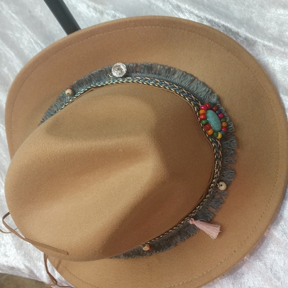 Unisex Western Southern Tan Cowboy Hat Turquoise Tassels Pendants Fringe Accent - Picture 12 of 13